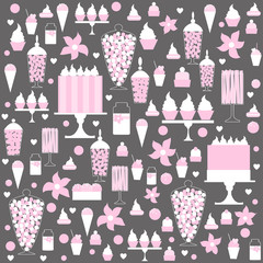 Candy Buffet with cake. Wedding dessert bar. Birthday sweet table. Vector pattern.