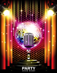 Stage with podium,retro microphone, disco ball and spotlights. Disco party or karaoke background.