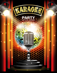 Stage with podium,retro microphone, disco ball and spotlights. Disco party or karaoke background.