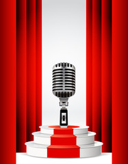 Background with retro microphone and podium. Stand up night show or karaoke party.