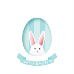 Greeting card with Happy Easter - with white paper Easter rabbit. Funny Bunny. Easter Bunny. Easter Egg