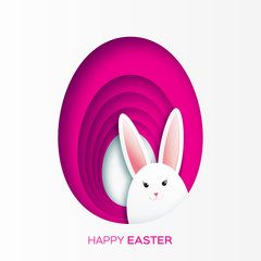 Greeting card with Happy Easter - with white paper Easter rabbit. Funny Bunny. Easter Bunny. Easter Egg