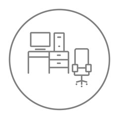Computer set with table and chair line icon.