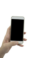 Hand holding smart phone isolated over white background - mockup