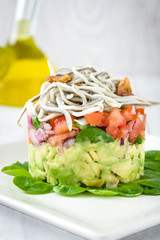 Vegetables and baby eels or elvers tartare
