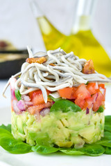Vegetables and baby eels or elvers tartare
