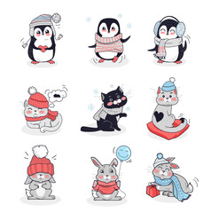 Set Animals in Warm Clothes Design Flat