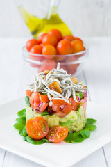 Vegetables and baby eels or elvers tartare
