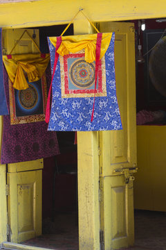 Traditional decorated door on old stone nepalese house