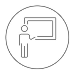Professor pointing at blackboard line icon.