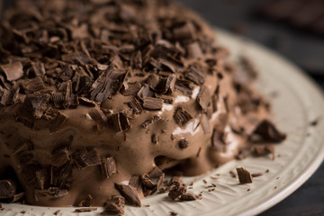 Chocolate cake on the dark rustic background. Shallow depth of field.