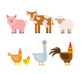 farm animals set,pig cow sheep hen chicken goose rooster isolated on white background