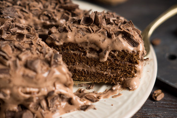 Chocolate cake on the dark rustic background. Shallow depth of field.