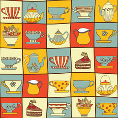 Vector seamless pattern with cups and teapots.
