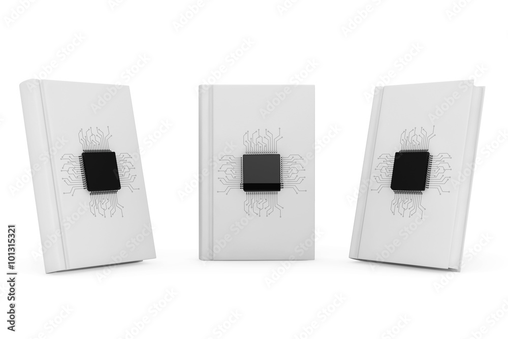 Poster digital book concept. microchips with circuit over blank books