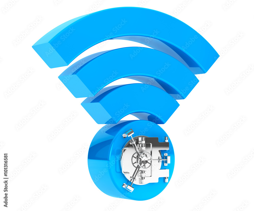Aufkleber wifi internet security concept. 3d symbol wifi with bank safe do