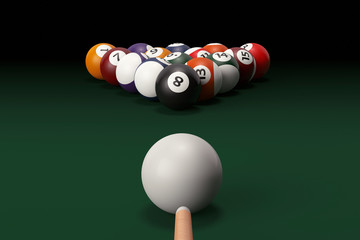 Billiard table with balls set and cue