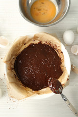 Uncooked chocolate pie on a table