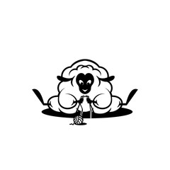 Naklejka premium Cute cartoon sheep sitting down and knitting