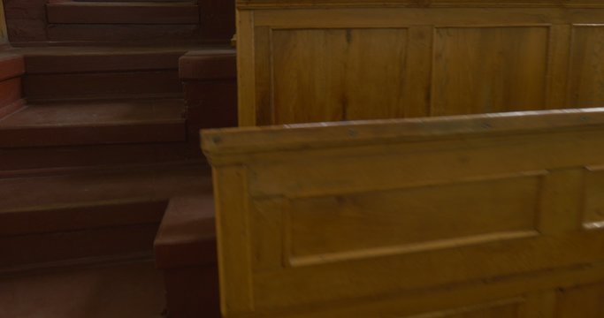 Classrom, Auditorium, Lecture Hall University, Wooden Desks, Stairs to the Rows Closeup, Zoom In