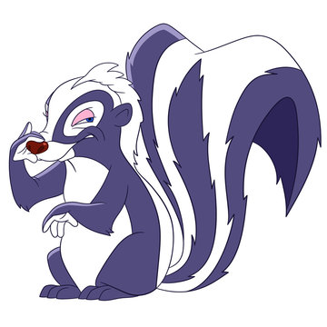 Cute Funny Cartoon Skunk Is Scenting Stinking Smell Of Somebody's Farting, Isolated On A White Background