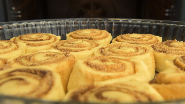 Point of view: cinnamon rolls being put into the hot oven. 