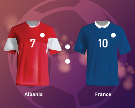 Color soccer T-shirts of Albania and France. Football team equipment

