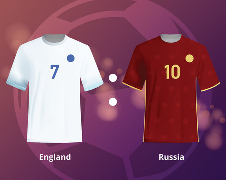 Color soccer T-shirts of England and Russia. Football team equipment
