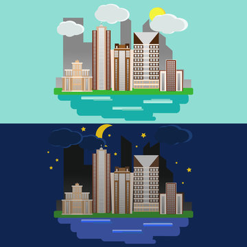 Flat design urban landscape. Night and day city with buildings