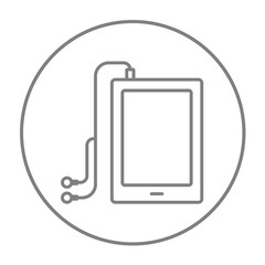 Tablet with headphones line icon.