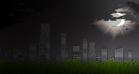 Business city in background of sunset. Vector Illustration