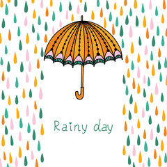 Vector illustration with clouds, rain and umbrella.