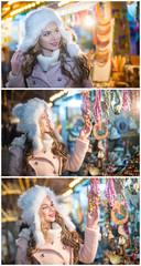 Young woman with white fur cap admiring accessories in Xmas market, cold winter evening. Beautiful blonde girl in winter clothes with Xmas lights in background. Cute female smiling, winter scenery