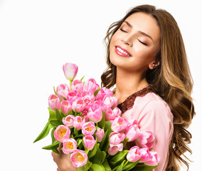 Woman with Spring Flower bouquet. Happy surprised model woman sm
