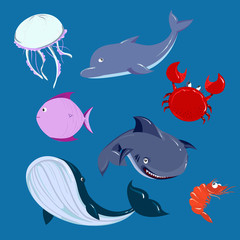 Cartoon sea Animals set. Vector dolphine whale shark in the sea