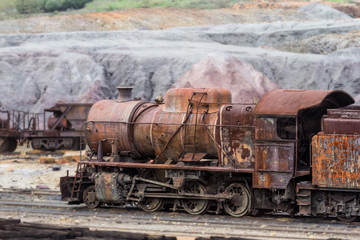 Naklejka premium Old steam locomotive abandoned in Rio Tinto mine, Huelva, Andalusia, Spain. 