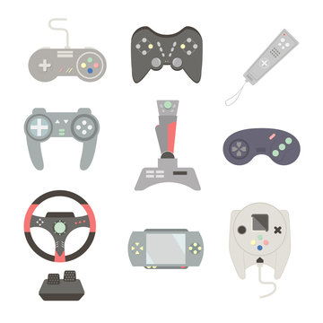 Game joystick and controller set. Various devices. Flat vector i