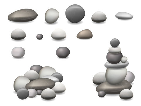 Set pebbles and natural stones of different shapes and colors. With examples of use. Vector realistic illustration, isolated on white background.