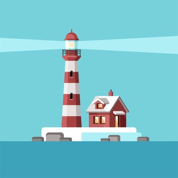 Sea and a lighthouse. Solitary Island. Vector illustration.