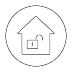 House with open lock line icon.