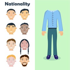 Fototapeta premium Set of people of different nationalities. Group of men, Chinese and Japanese, Korean and African, Indian and European