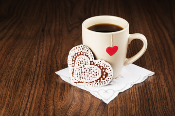 Tea bags with labels heart-shaped biscuits in the form of heart