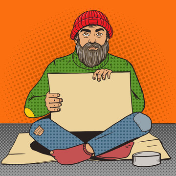 Homeless Man With Paper Sign Pop Art Vector