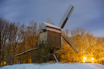 Vintage windmill in Hannover at winter evening. Lower Saxony. Germany.