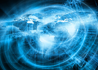 World map on a technological background, glowing lines symbols of the Internet, radio, television, mobile and satellite communications.