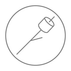 Marshmallow roasted on wooden stick line icon.