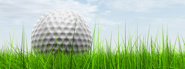 White golf ball in grass and sky banner
