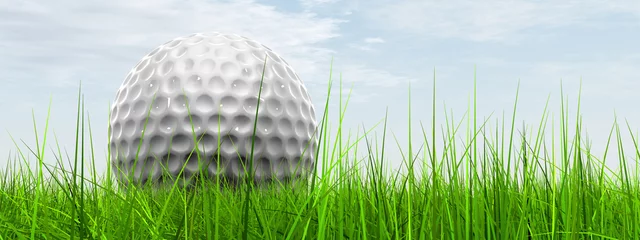 Papier Peint photo Golf White golf ball in grass and sky banner