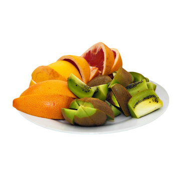 Fruit Platter Isolated On White Background. Kiwi, Oranges And Grapefruit Slices Are On The Plate. A Mixture Of Fruit Slices. Healthy Vegetarian Food. A Sweet Dessert. Vitamins On The Table.