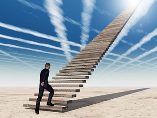 Conceptual 3D business man walking or climbing stair over sky